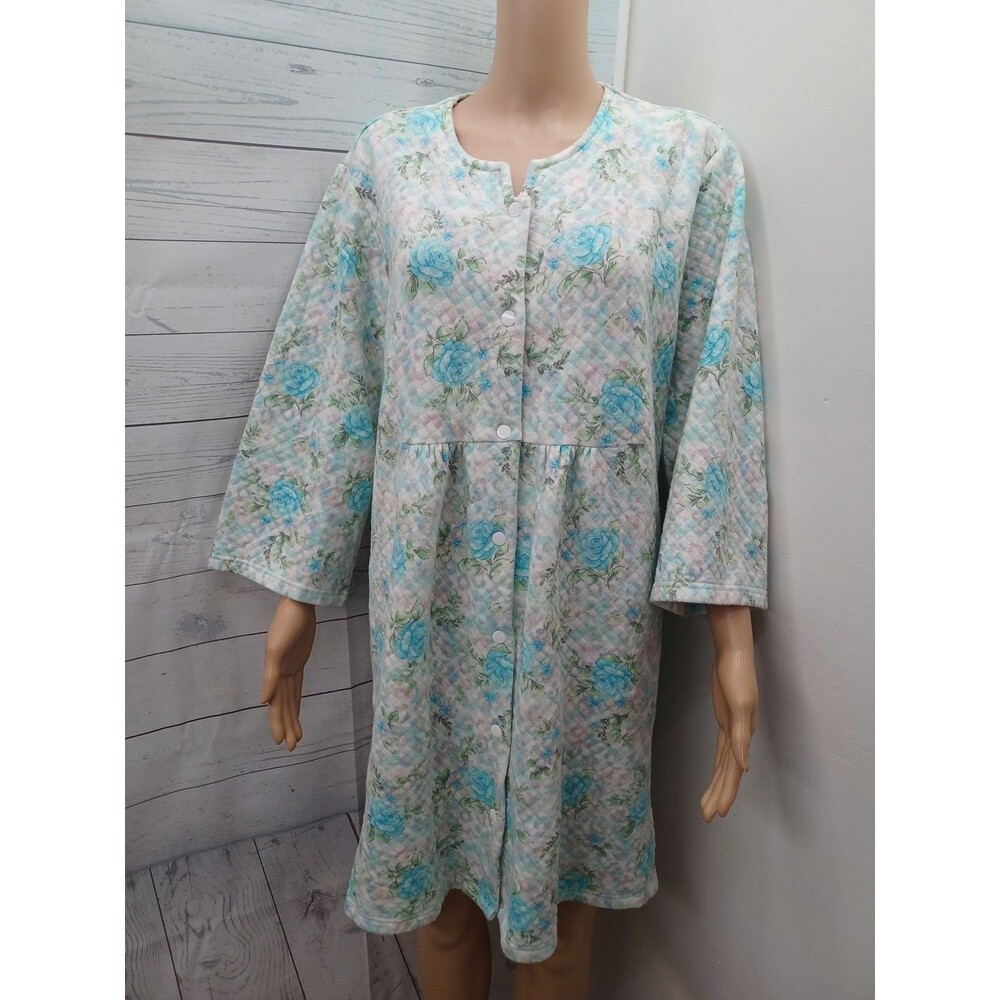 Vintage Miss Elaine Quilted Floral Zip Womens Sleepwear Sz PL White Green Robe